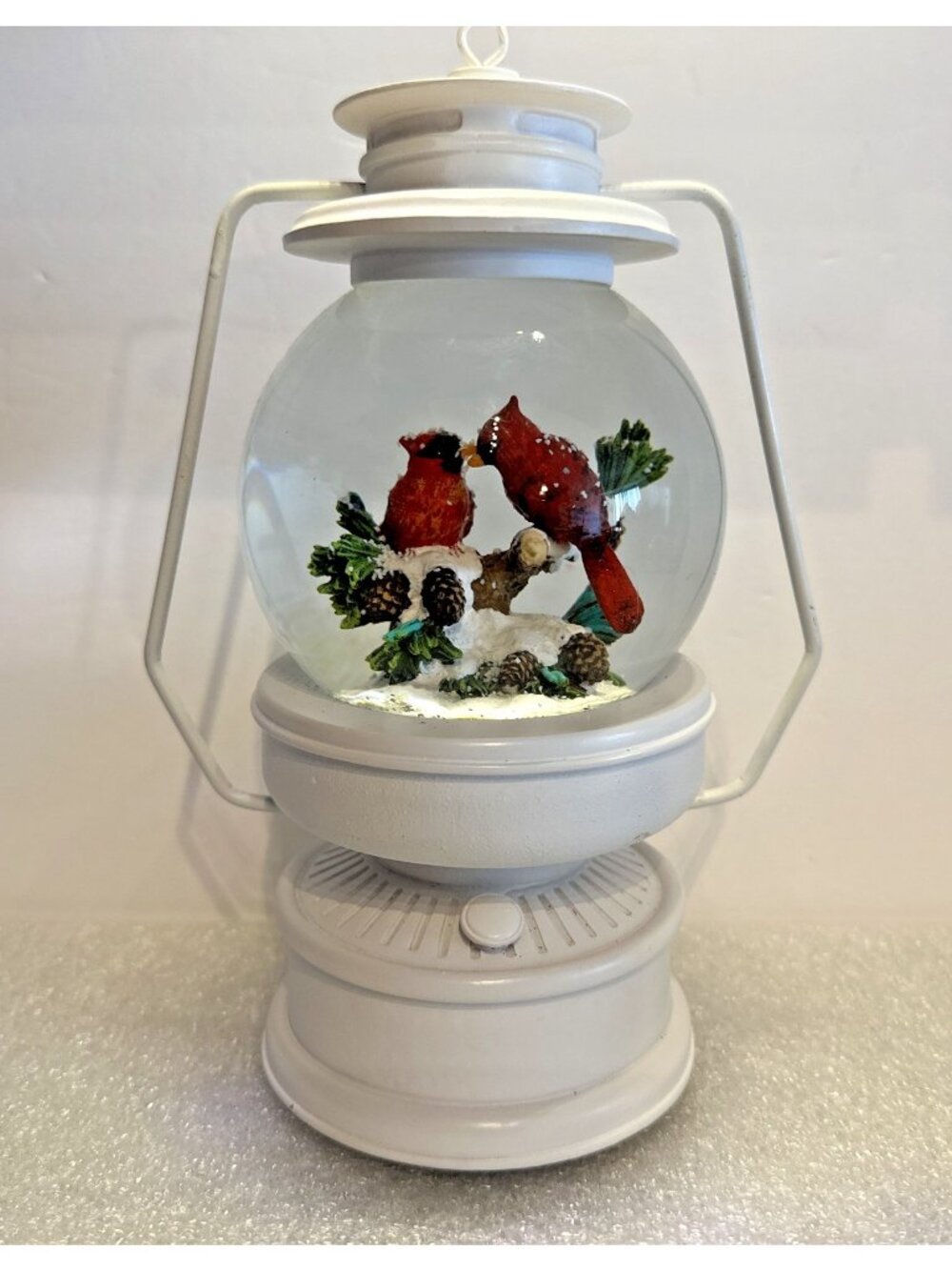 Lantern Musical Christmas Snow Globe 2 Cardinals On Branch Pine Cones 8.5" RARE